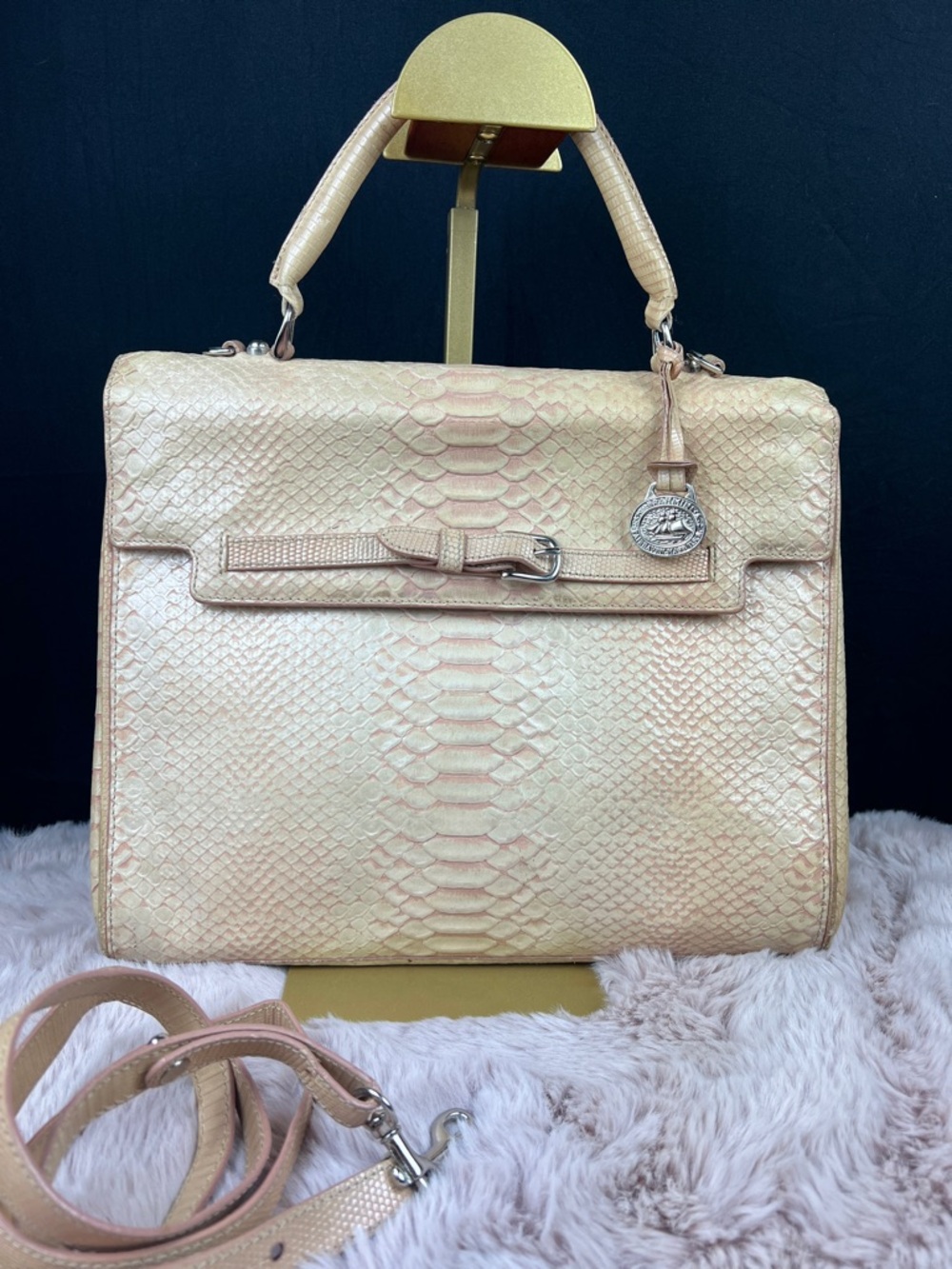 BRAHMIN Vintage Python Embossed Leather Classic Satchel - Silver Hardware, EUC
